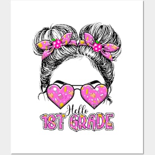 Kids Hello First Grade Messy Bun Girls 1st Grade Back To School Posters and Art